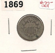 United States 1869 NO RAYS Shield Nickel GOOD G