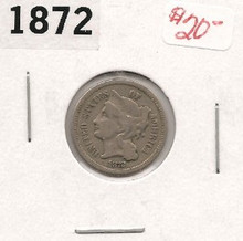 1872 Copper Nickel Three Cent Piece VG Very Good