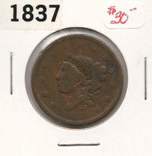 1837 Copper Large Cent Coronet Head F Fine