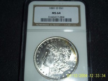 1881-O Morgan Silver Dollar NGC MS 64 Touch of Rainbow