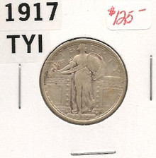 1917 Type 1 Bare Breast Standing Liberty Quarter VF +