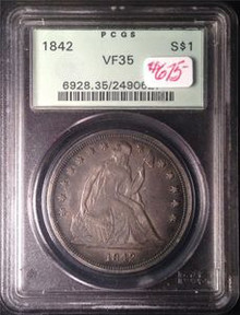 1842 SEATED LIBERTY DOLLAR PCGS CERTIFIED VF 35