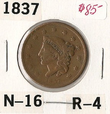 1837 Large Cent Coronet Head N-16 Rarity 4 Fine +
