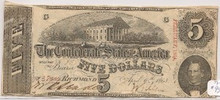 1863 $5 Richmond, VA Cancelled Confederate Type 60 AU