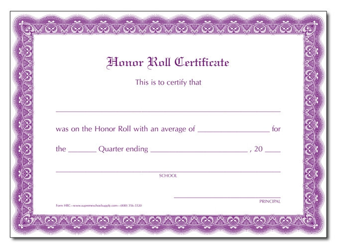 Honor Roll Certificate, Quarters (HRC) Supreme School Supply