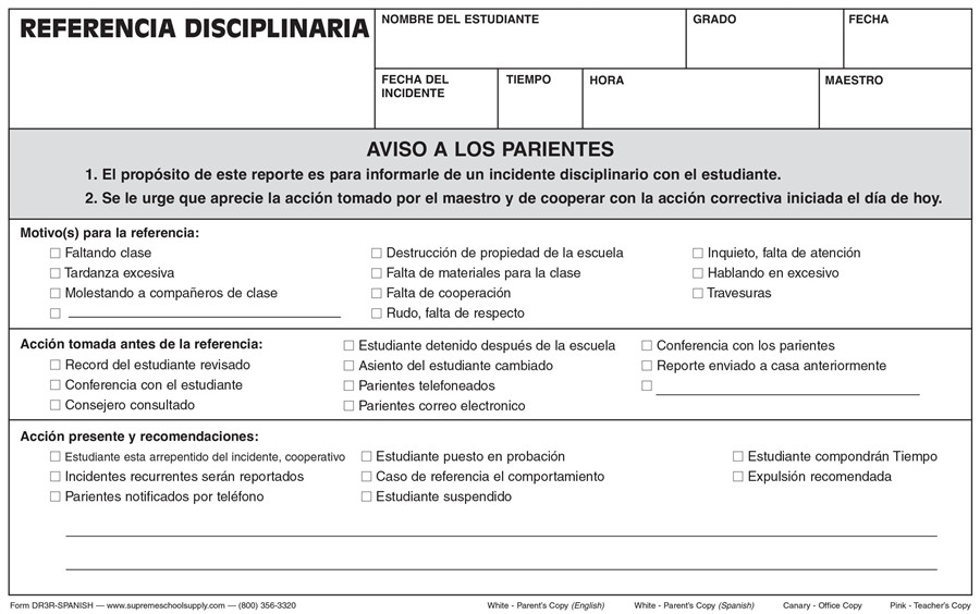 Disciplinary Referral, Triplicate (DR3RSPANISH) Supreme School Supply