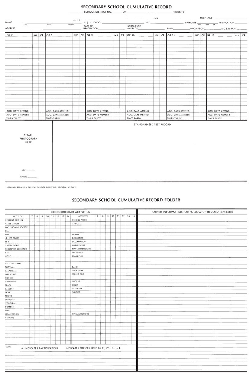 Student Cumulative Records Folder (910MRR) Supreme School Supply