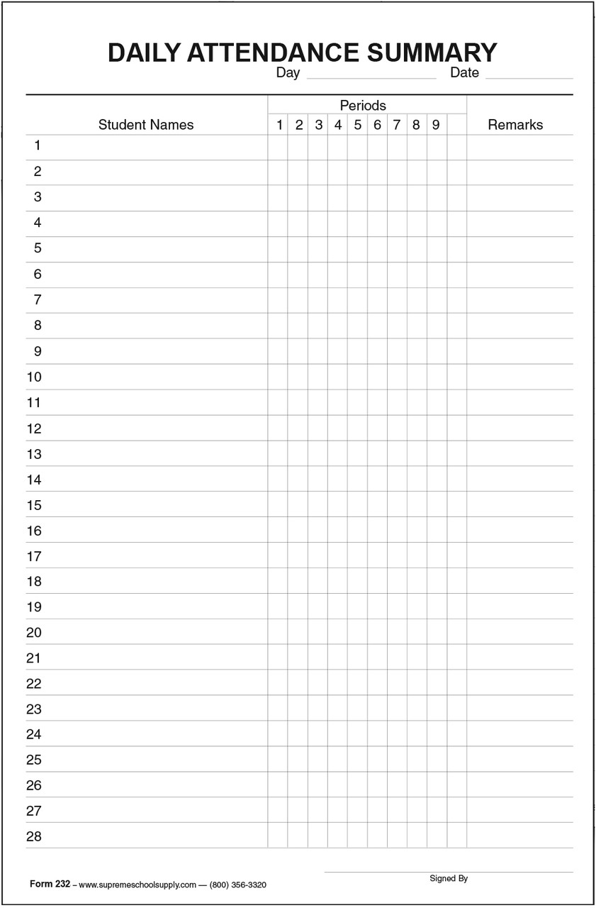 daily attendance summary 28 names 232 supreme school school passes template