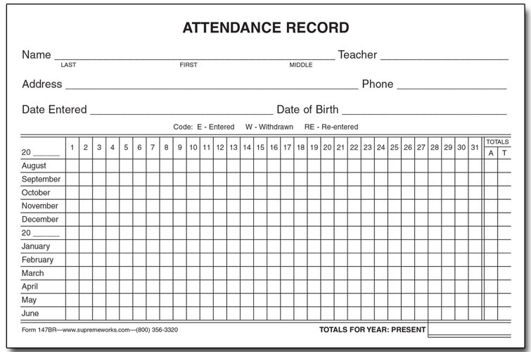 attendance record card yearly 147br attendance records