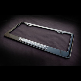 Supercharged Black Stainless Steel License Plate Frame with Screws and Screw Caps