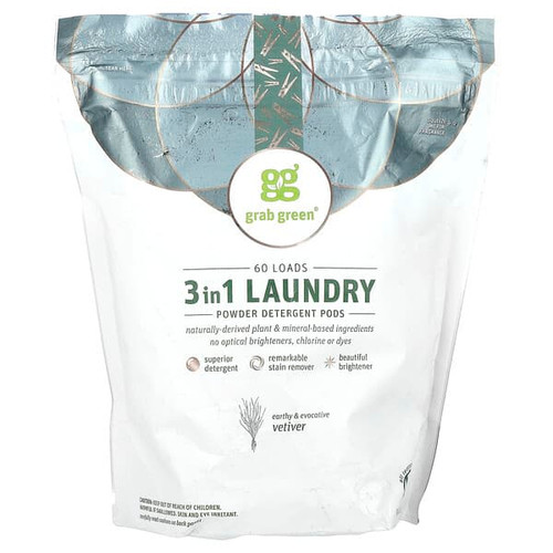 <img alt="Grab Green, 3-in-1 Laundry Powder Detergent Pods, Vetiver, 60 Loads, 2 lbs, 2 oz (960 g)" title="Grab Green, 3-in-1 Laundry Powder Detergent Pods, Vetiver, 60 Loads, 2 lbs, 2 oz (960 g),899696002517"