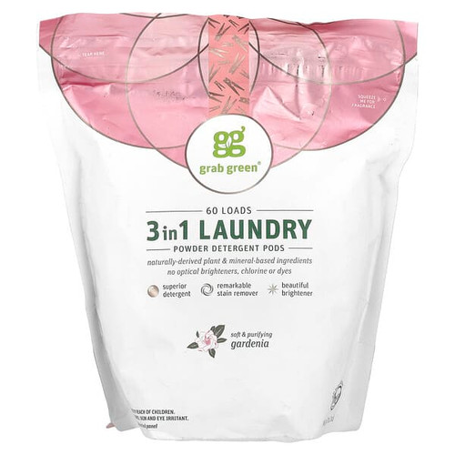 <img alt="Grab Green, 3-in-1 Laundry Powder Detergent Pods, Gardenia, 60 Loads, 2 lbs 2 oz (960 g)" title="Grab Green, 3-in-1 Laundry Powder Detergent Pods, Gardenia, 60 Loads, 2 lbs 2 oz (960 g),854822003134"