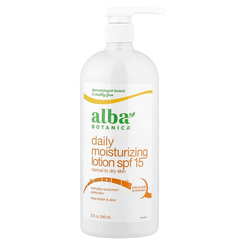 <img alt="Alba Botanica, Daily Moisturizing Lotion, SPF 15, Normal to Dry Skin, 32 fl oz (946 ml)" title="Alba Botanica, Daily Moisturizing Lotion, SPF 15, Normal to Dry Skin, 32 fl oz (946 ml),724742003722"