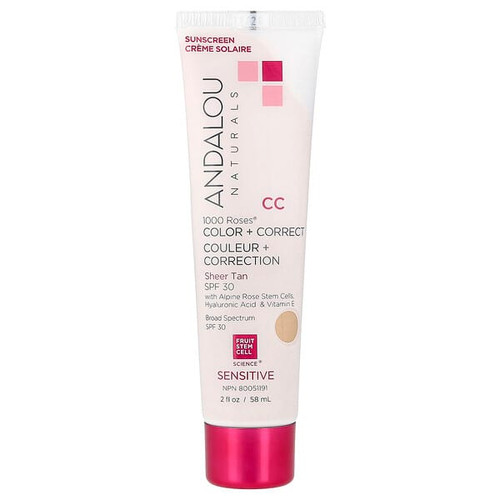 <img alt="Andalou Naturals, 1000 Roses, Color + Correct, Sensitive, SPF 30, Sheer Tan, 2 fl oz (58 ml)" title="Andalou Naturals, 1000 Roses, Color + Correct, Sensitive, SPF 30, Sheer Tan, 2 fl oz (58 ml),859975020113"