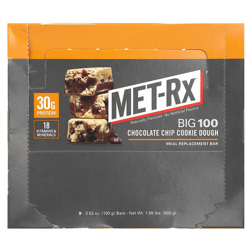<img alt="MET-Rx, Big 100, Meal Replacement Bar, Chocolate Chip Cookie Dough, 9 Bars, 3.52 oz (100 g) Each" title="MET-Rx, Big 100, Meal Replacement Bar, Chocolate Chip Cookie Dough, 9 Bars, 3.52 oz (100 g) Each,786560557092"
