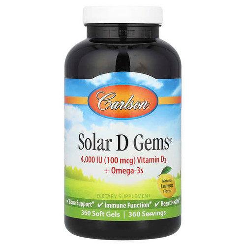 <img alt="Carlson, Solar D Gems , Vitamin D3 + Omega-3s, Natural Lemon , 360 Soft Gels" title="Carlson, Solar D Gems , Vitamin D3 + Omega-3s, Natural Lemon , 360 Soft Gels,088395014833"