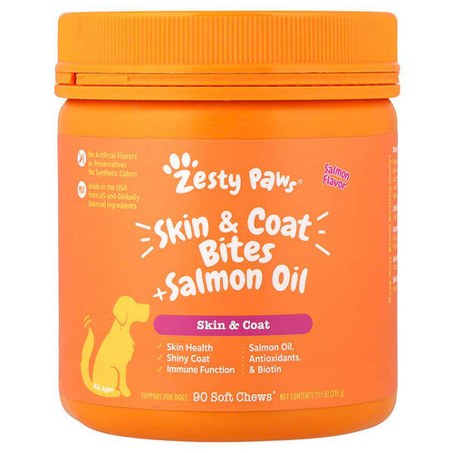<img alt="Zesty Paws, Skin & Coat Bites + Salmon Oil, For Dogs, All Ages, Salmon , 90 Soft Chews, 11.1 oz (315 g)" title="Zesty Paws, Skin & Coat Bites + Salmon Oil, For Dogs, All Ages, Salmon , 90 Soft Chews, 11.1 oz (315 g),856521007420"