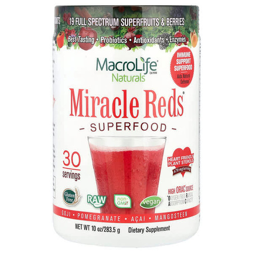 <img alt="Macrolife Naturals, Miracle Reds, Superfood, Goji, Pomegranate, Acai, Mangosteen, 10 oz (283.5 g)" title="Macrolife Naturals, Miracle Reds, Superfood, Goji, Pomegranate, Acai, Mangosteen, 10 oz (283.5 g),852434001036"