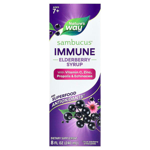 <img alt="Natures Way, Sambucus, Immune Elderberry Syrup, Ages 7+, 8 fl oz (240 ml)" title="Natures Way, Sambucus, Immune Elderberry Syrup, Ages 7+, 8 fl oz (240 ml),033674153338"
