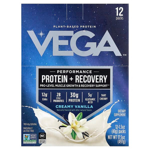 <img alt="Vega, Plant-Based Protein, Performance Protein + Recovery, Creamy Vanilla, 12 Packs, 1.5 oz (41 g) Each" title="Vega, Plant-Based Protein, Performance Protein + Recovery, Creamy Vanilla, 12 Packs, 1.5 oz (41 g) Each,838766008653"
