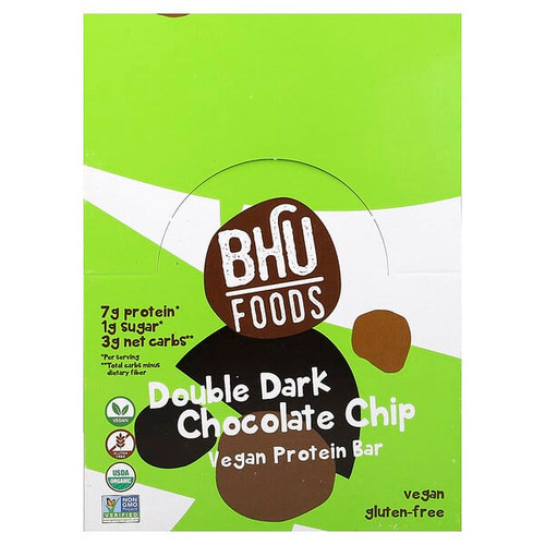 <img alt="BHU Foods, Vegan Protein Bar, Double Dark Chocolate Chip, 12 Bars, 1.6 oz (45 g) Each" title="BHU Foods, Vegan Protein Bar, Double Dark Chocolate Chip, 12 Bars, 1.6 oz (45 g) Each,868163000134"