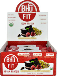 BHU Fit Vegan Pea Protein Bar Chocolate+Tart Cherry+Pistachio -- 12 Bars