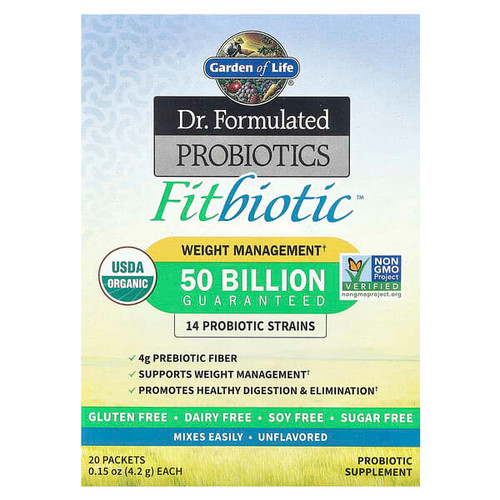 <img alt="Garden of Life, Dr. Formulated Probiotics, Fitbiotic, Unflavored, 50 Billion CFU, 20 Packets, 0.15 oz (4.2 g) Each" title="Garden of Life, Dr. Formulated Probiotics, Fitbiotic, Unflavored, 50 Billion CFU, 20 Packets, 0.15 oz (4.2 g) Each,658010118330"