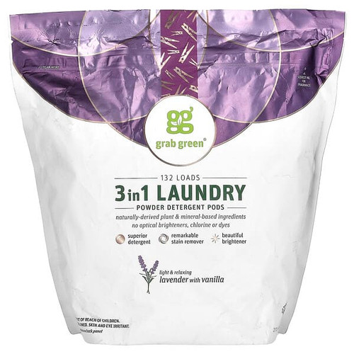 <img alt="Grab Green, 3-in-1 Laundry Powder Detergent Pods, Lavender with Vanilla, 132 Loads, 4 lbs 10.4 oz (2,112 g)" title="Grab Green, 3-in-1 Laundry Powder Detergent Pods, Lavender with Vanilla, 132 Loads, 4 lbs 10.4 oz (2,112 g),899696002418"