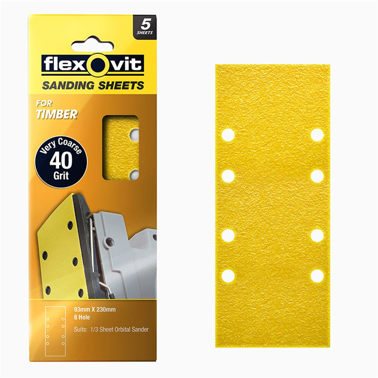 Flexovit 40 Grit 1 / 3 Sheet Timber Orbital Sanding Sheet 5 Pack