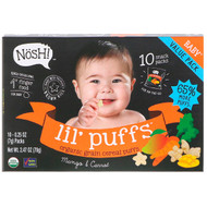 NosH!, Baby Lil Puffs, Organic Grain Cereal Puffs, Mango & Carrot, 10 Packs, 0.25 oz (7 g) Each