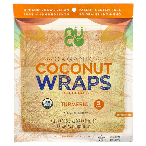 <img alt="NUCO, Organic Coconut Wraps, Turmeric, 5 Count, 2.47 oz (70 g)" title="NUCO, Organic Coconut Wraps, Turmeric, 5 Count, 2.47 oz (70 g),850306006271"