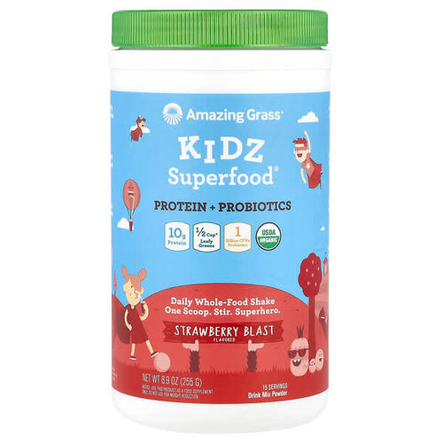 <img alt="Amazing Grass, Kidz Superfood, Protein + Probiotics, Strawberry Blast, 8.9 oz (255 g)" title="Amazing Grass, Kidz Superfood, Protein + Probiotics, Strawberry Blast, 8.9 oz (255 g),829835006885"