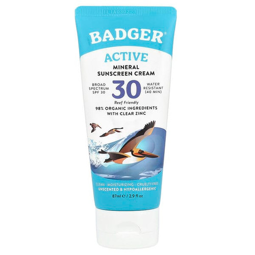 <img alt="Badger, Active, Mineral Sunscreen Cream, SPF 30, Unscented, 2.9 fl oz (87 ml)" title="Badger, Active, Mineral Sunscreen Cream, SPF 30, Unscented, 2.9 fl oz (87 ml),634084471007"