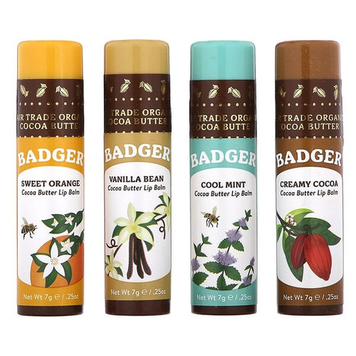 <img alt="Badger, Cocoa Butter Lip Balms Set, 4 Pack, 0.25 oz (7 g) Each" title="Badger, Cocoa Butter Lip Balms Set, 4 Pack, 0.25 oz (7 g) Each,634084334258"