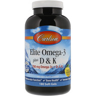 Carlson Labs, Elite Omega-3 Plus D & K, Natural Lemon Flavor, 180 Soft Gels