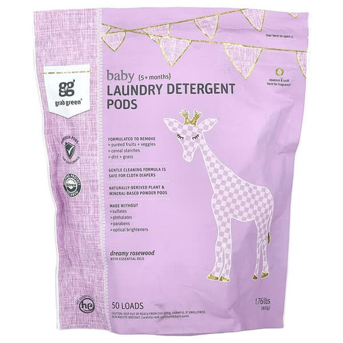<img alt="Grab Green, Baby, Laundry Detergent Pods, Dreamy Rosewood with Essential Oils, 5+ Months, 50 Loads, 1.76 lbs (800 g)" title="Grab Green, Baby, Laundry Detergent Pods, Dreamy Rosewood with Essential Oils, 5+ Months, 50 Loads, 1.76 lbs (800 g),856753007021"