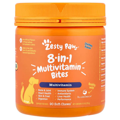 <img alt="Zesty Paws, 8-in-1 Multivitamin Bites, For Dogs, All Ages, Chicken, 90 Soft Chews, 11.1 oz (315 g)" title="Zesty Paws, 8-in-1 Multivitamin Bites, For Dogs, All Ages, Chicken, 90 Soft Chews, 11.1 oz (315 g),856521007505"