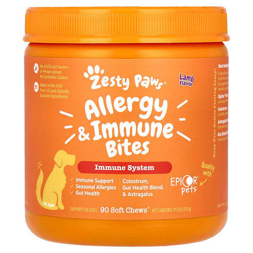 <img alt="Zesty Paws, Allergy & Immune Bites, For Dogs, All Ages, Lamb, 90 Soft Chews, 11.1 oz (315 g)" title="Zesty Paws, Allergy & Immune Bites, For Dogs, All Ages, Lamb, 90 Soft Chews, 11.1 oz (315 g),856521007574"