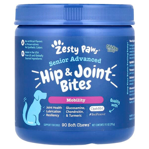 <img alt="Zesty Paws, Senior Advanced, Hip & Joint Bites, For Dogs, Chicken, 90 Soft Chews, 11.1 oz (315 g)" title="Zesty Paws, Senior Advanced, Hip & Joint Bites, For Dogs, Chicken, 90 Soft Chews, 11.1 oz (315 g),856521007833"