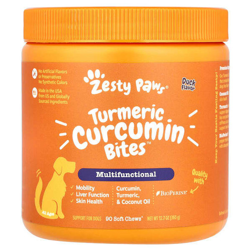 <img alt="Zesty Paws, Turmeric Curcumin Bites for Dogs, Multifunctional, All Ages, Duck, 90 Soft Chews, 12.7 oz (360 g)" title="Zesty Paws, Turmeric Curcumin Bites for Dogs, Multifunctional, All Ages, Duck, 90 Soft Chews, 12.7 oz (360 g),856521007109"