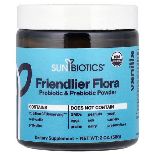 <img alt="Sunbiotics, Friendlier Flora Probiotic & Prebiotic Powder, Vanilla, 2 oz (56 g)" title="Sunbiotics, Friendlier Flora Probiotic & Prebiotic Powder, Vanilla, 2 oz (56 g),850018464956"