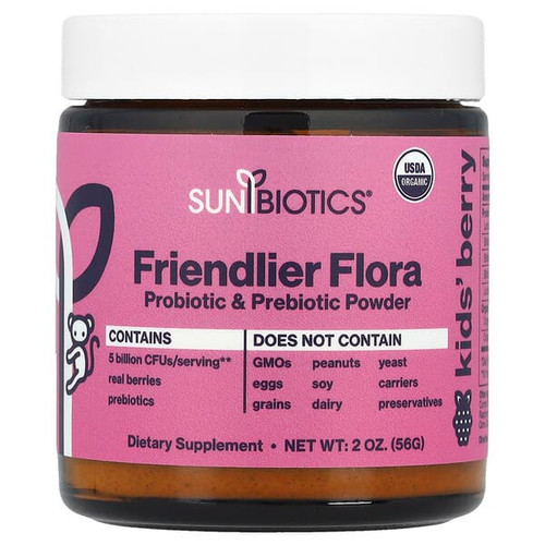 <img alt="Sunbiotics, Kids Friendlier Flora, Probiotic & Prebiotic Powder, Berry, 5 Billion CFU, 2 oz (56 g)" title="Sunbiotics, Kids Friendlier Flora, Probiotic & Prebiotic Powder, Berry, 5 Billion CFU, 2 oz (56 g),850018464963"