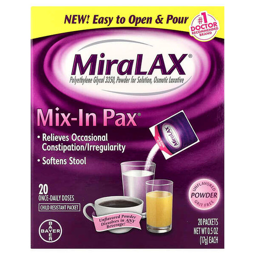 <img alt="MiraLAX, Mix-In Pax, Grit Free, Unflavored, 20 Packets 0.5 oz (17 g) Each" title="MiraLAX, Mix-In Pax, Grit Free, Unflavored, 20 Packets 0.5 oz (17 g) Each,041100566560"