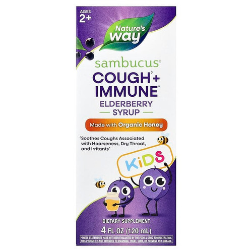 <img alt="Natures Way, Kids, Sambucus Cough + Immune Syrup With Organic Honey, Ages 2+, Elderberry, 4 fl oz (120 ml)" title="Natures Way, Kids, Sambucus Cough + Immune Syrup With Organic Honey, Ages 2+, Elderberry, 4 fl oz (120 ml),033674133156"