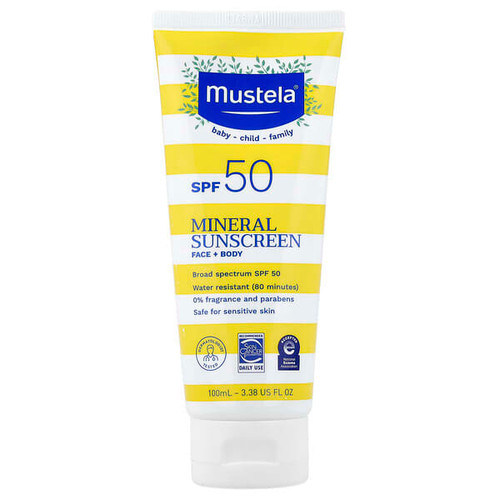<img alt="Mustela, Mineral Sunscreen, Face + Body, SPF 50, 3.38 fl oz (100 ml)" title="Mustela, Mineral Sunscreen, Face + Body, SPF 50, 3.38 fl oz (100 ml),3504100103359"