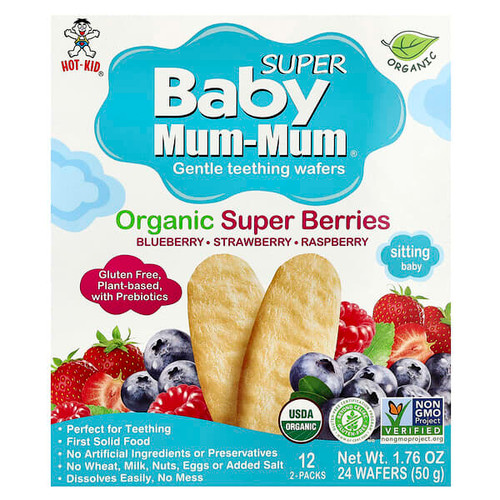 <img alt="Hot Kid, Baby Mum-Mum Super, Gentle Teething Wafers, Organic Super Berries, 12 Packs, 2 Wafers Each" title="Hot Kid, Baby Mum-Mum Super, Gentle Teething Wafers, Organic Super Berries, 12 Packs, 2 Wafers Each,686352601111"