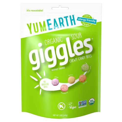 <img alt="YumEarth, Organic Giggles, Chewy Candy Bites, Sour, 5 oz (142 g)" title="YumEarth, Organic Giggles, Chewy Candy Bites, Sour, 5 oz (142 g),810165019416"