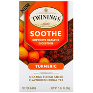 3 PACK OF Twinings, Soothe Herbal Tea, Turmeric, Orange and Star Anise, Caffeine Free, 18 Tea Bags, 1.27 oz (36 g)