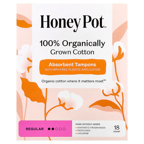 <img alt="The Honey Pot Company, 100% Organically Grown Cotton Absorbent Tampons, Regular, 18 Count" title="The Honey Pot Company, 100% Organically Grown Cotton Absorbent Tampons, Regular, 18 Count,851669008513"