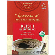 3 PACK OF Teeccino, Mushroom Herbal Tea, Organic Reishi Eleuthero, Caffeine Free, 10 Tea Bags, 2.12 oz (60 g)